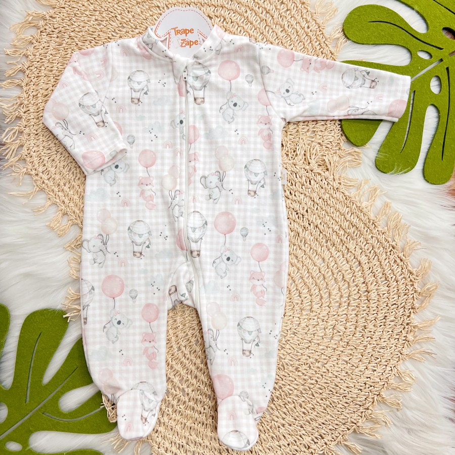 Macacão em Soft com Abertura em Zíper Coala com Balão - Off White e Rosa